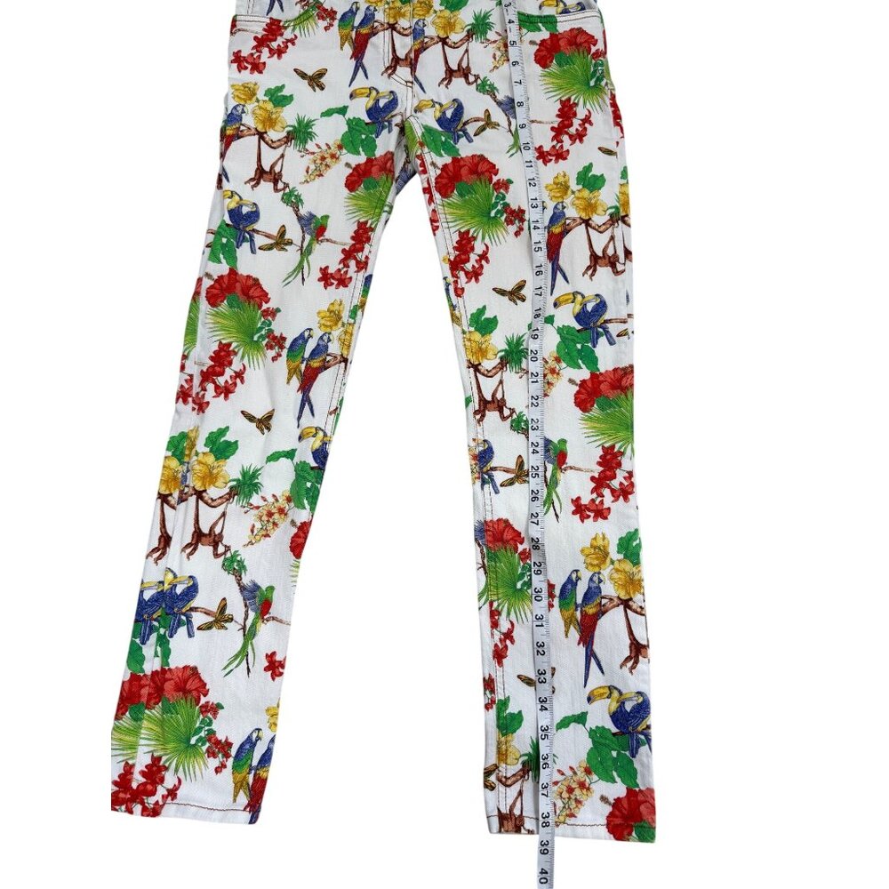 Etro Milano Tropical Parrot Skinny Jeans Floral Bird Jungle White Womens Size 31 - Picture 7 of 9